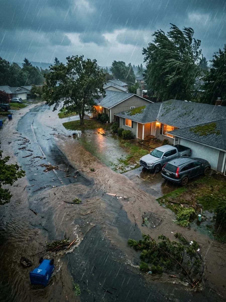 Community during heavy rainstorm with rising floodwaters