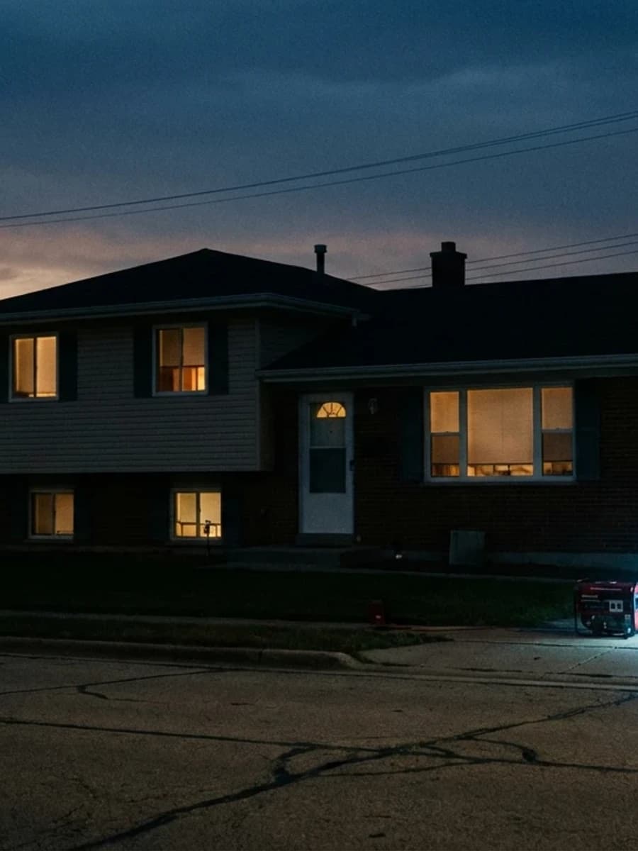 A warmly lit window of the sample home in the tour, at dusk
