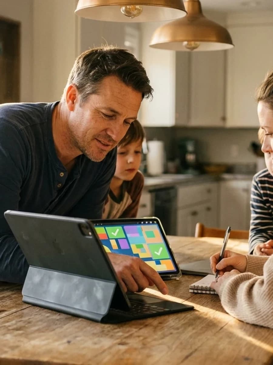 Family calmly reviewing digital emergency plan