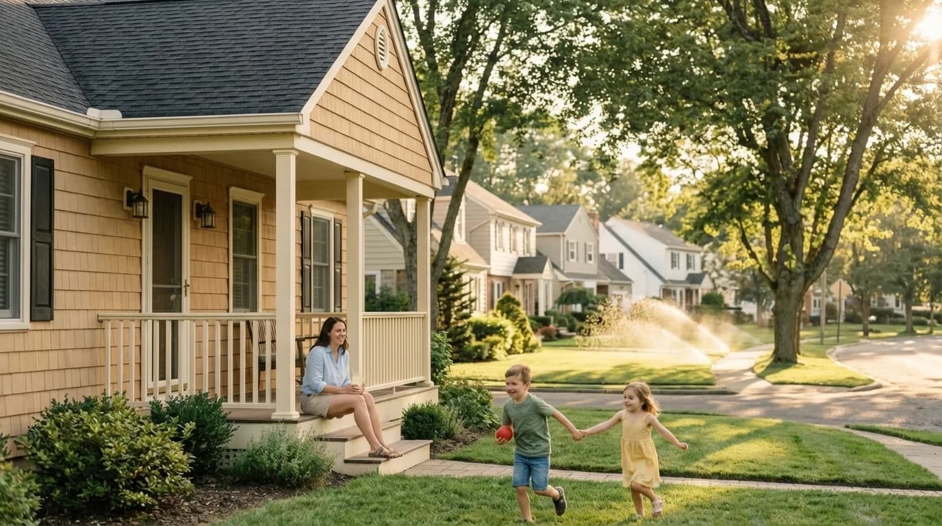 Family in a calm neighborhood with kids playing