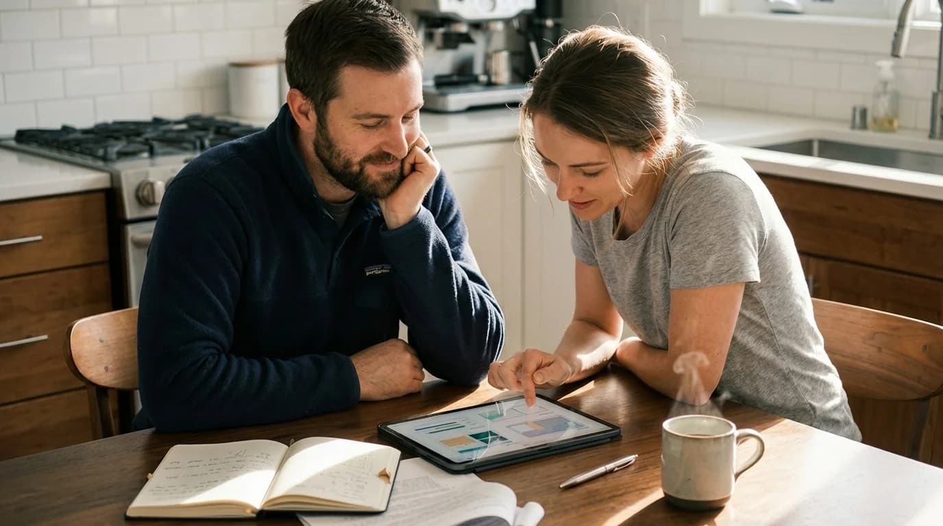 Couple reviewing emergency plans at kitchen table