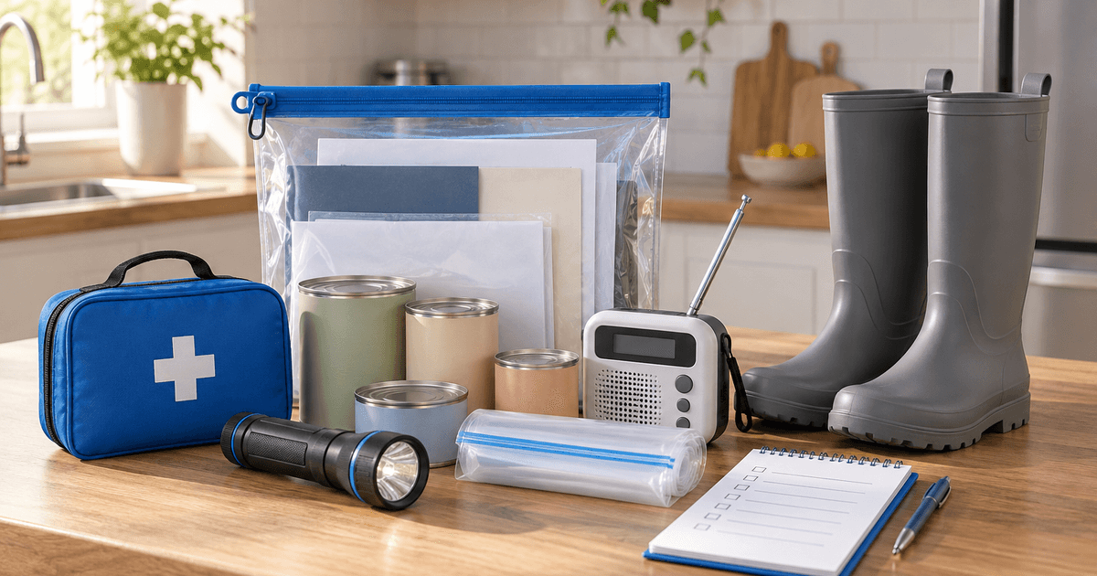 Flood emergency kit on a kitchen counter: waterproof document pouch, rubber boots, weather radio, flashlight, first-aid kit, canned food, zip-top bags