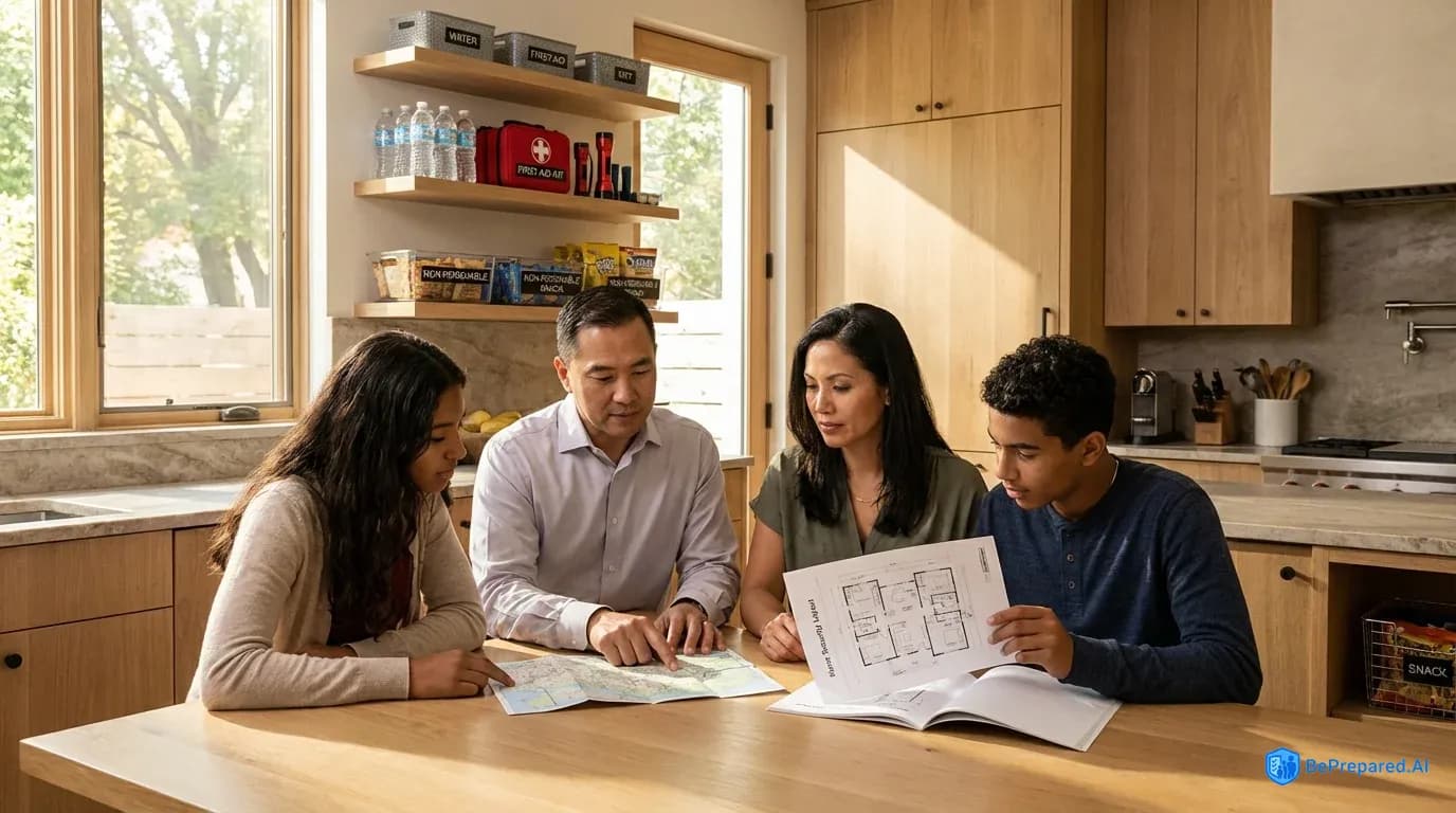 Family reviewing home security plans together at kitchen table with organized emergency supplies visible on shelves