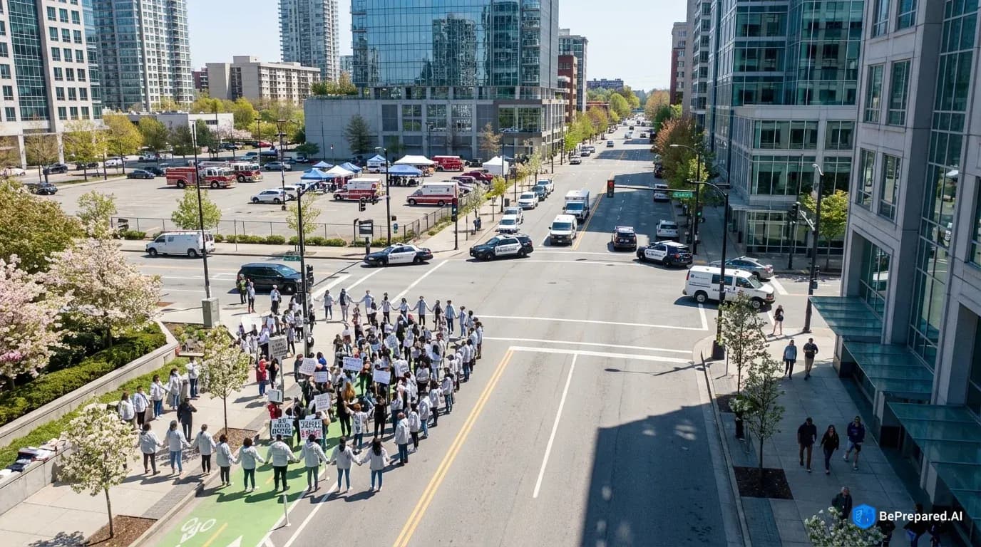 Aerial view of organized protest with clear separation between demonstration and regular city activities
