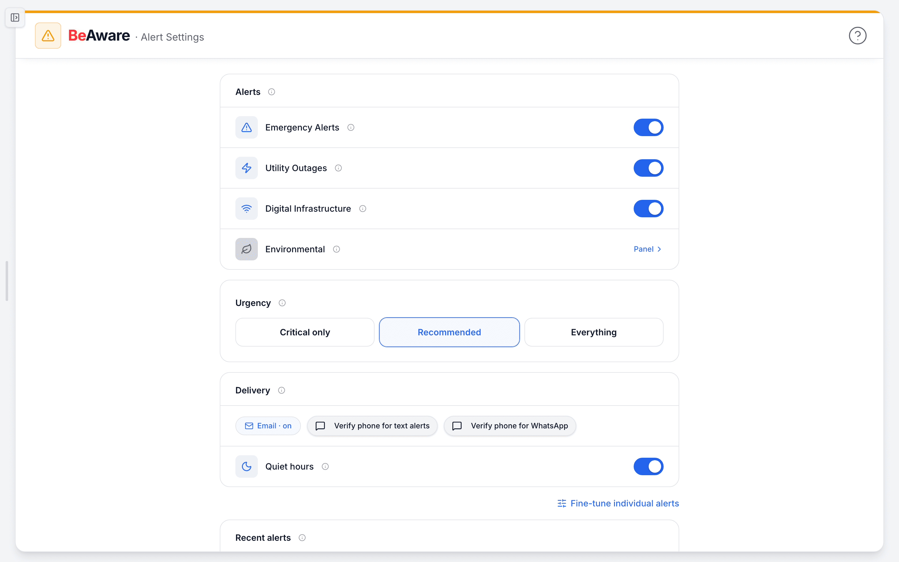 BeAware Alert Settings: the alert types you get, how urgent an alert must be, how it reaches you, and quiet hours
