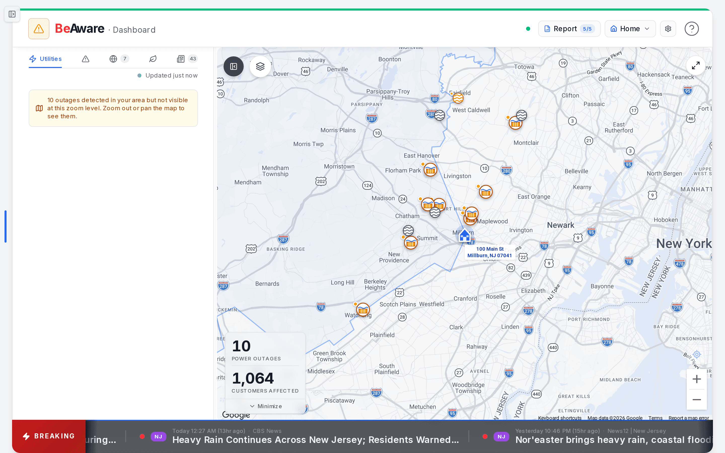 The BeAware monitoring dashboard with the status bar, feed tabs, map, and news ticker