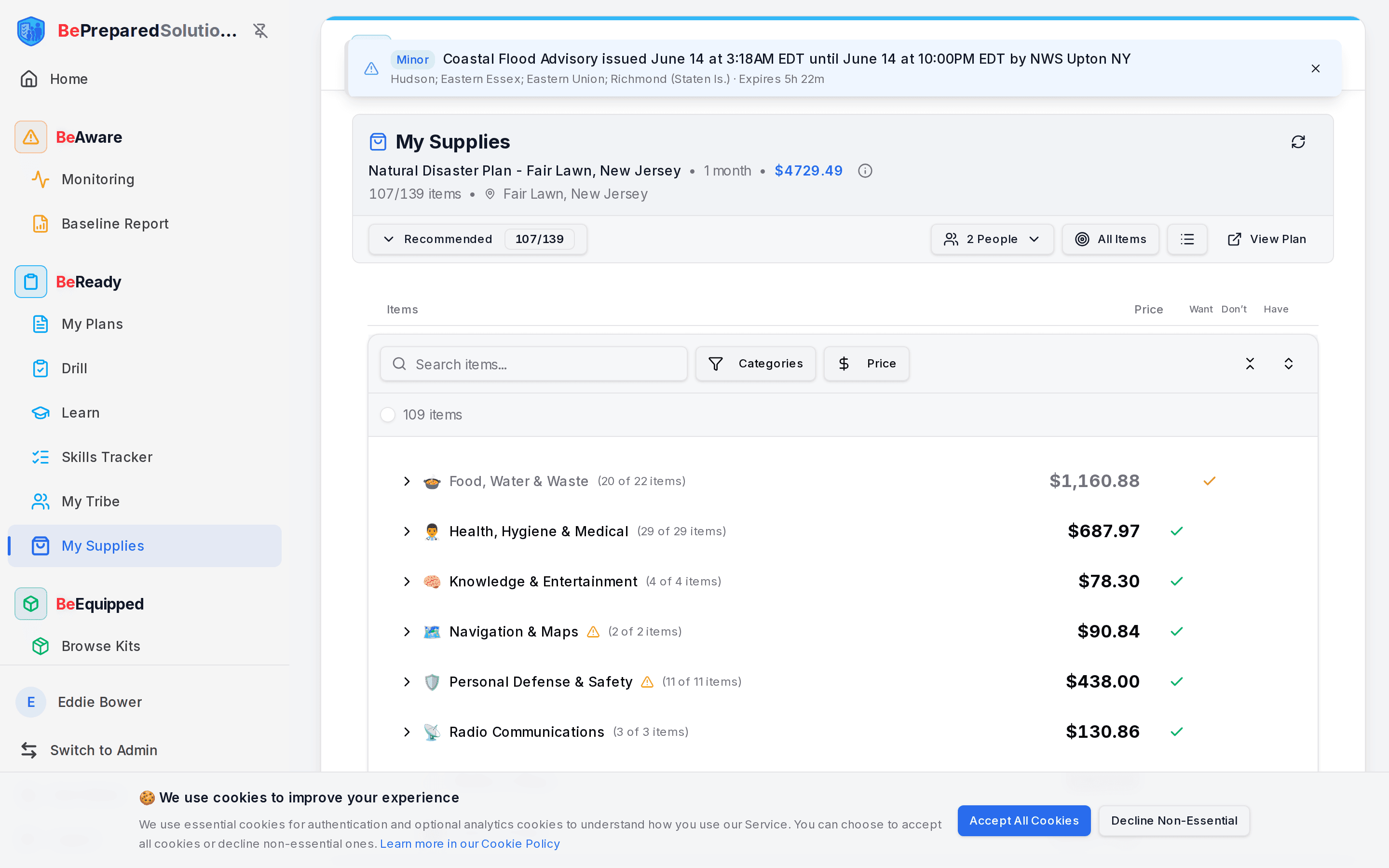 Your supply list, grouped and priced, with controls along the top